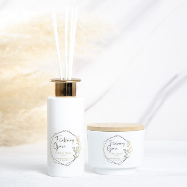 Luxury Lemongrass, Lime & Ginger gift box with premium soy candle and long‑lasting reed diffuser for fresh citrus home fragrance.