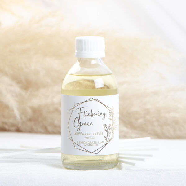 Lemongrass, Lime & Ginger reed diffuser refill with fresh citrus and warm ginger fragrance notes.